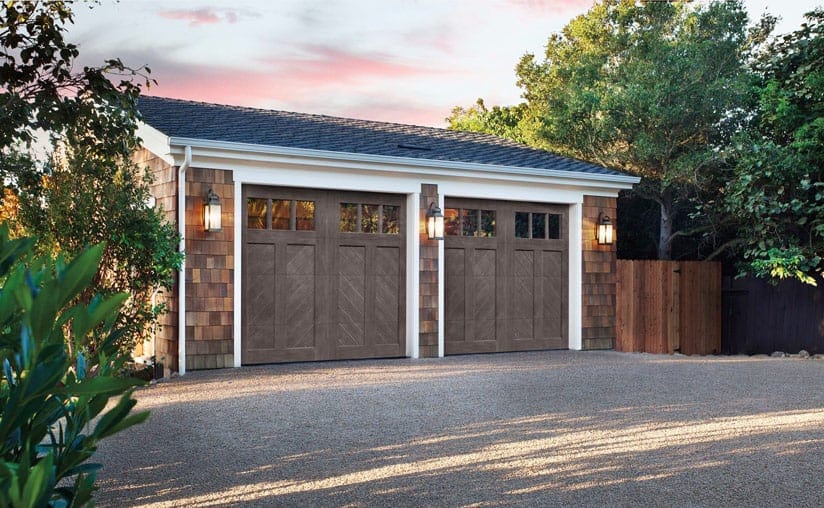 Canyon Ridge® Chevron Garage Doors – insulated carriage house garage doors with faux wood overlays