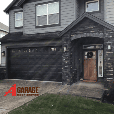 black garage doors with windows
